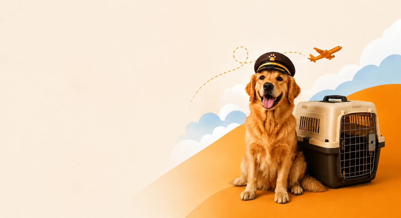 Golden retriever in a pilot’s cap beside a travel crate — safe pet transport